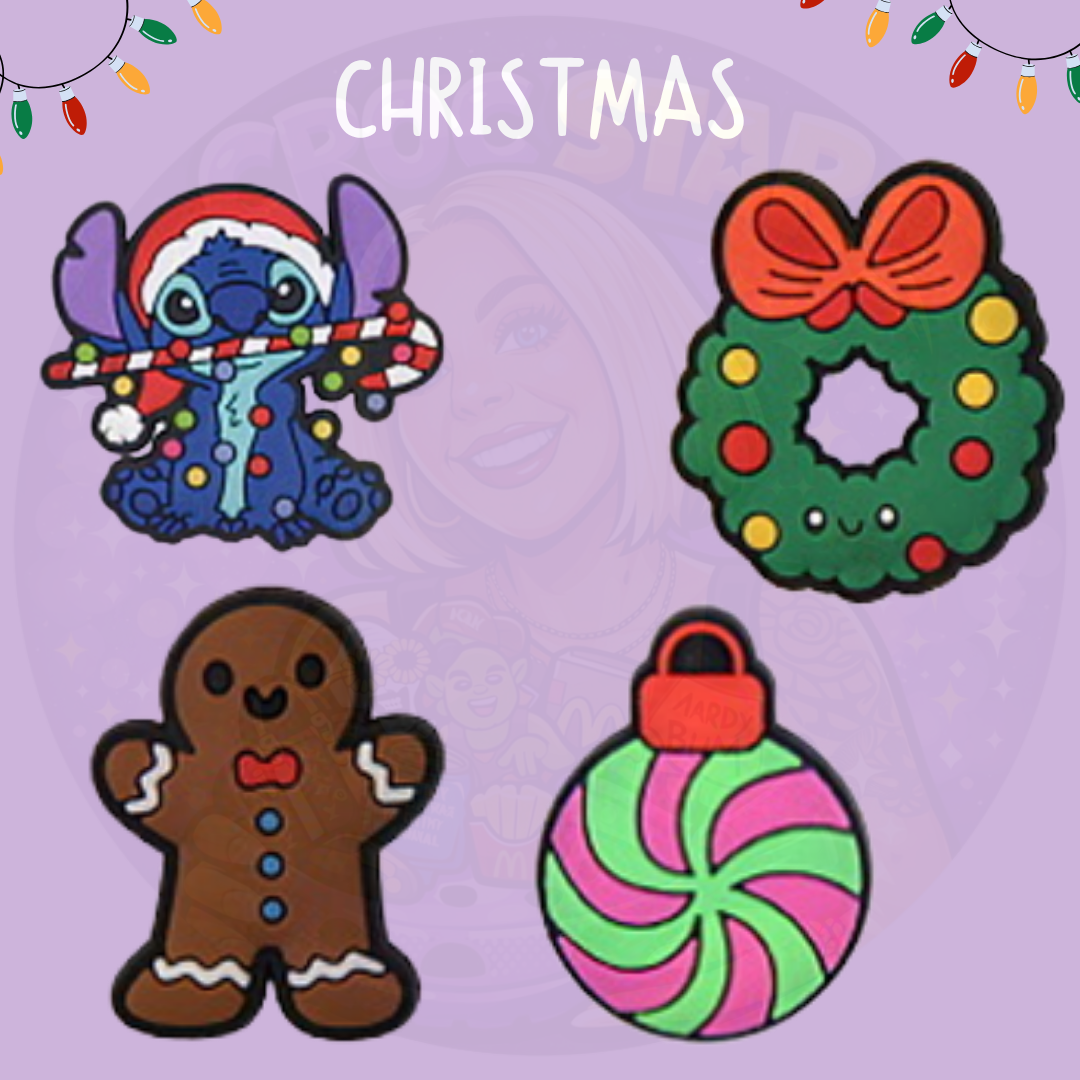 Christmas themed shoe charms with festive designs