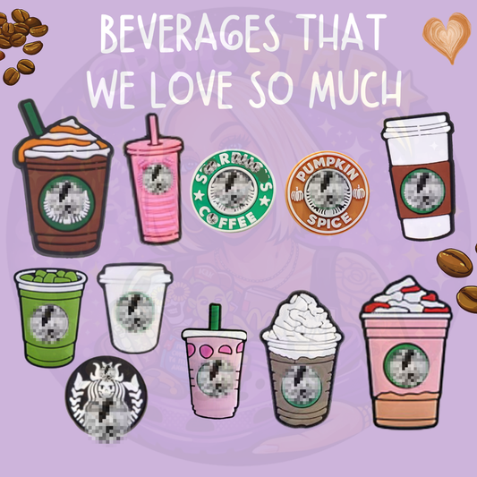 Coffee and drink Croc charms featuring colourful iced coffee and beverage cup designs