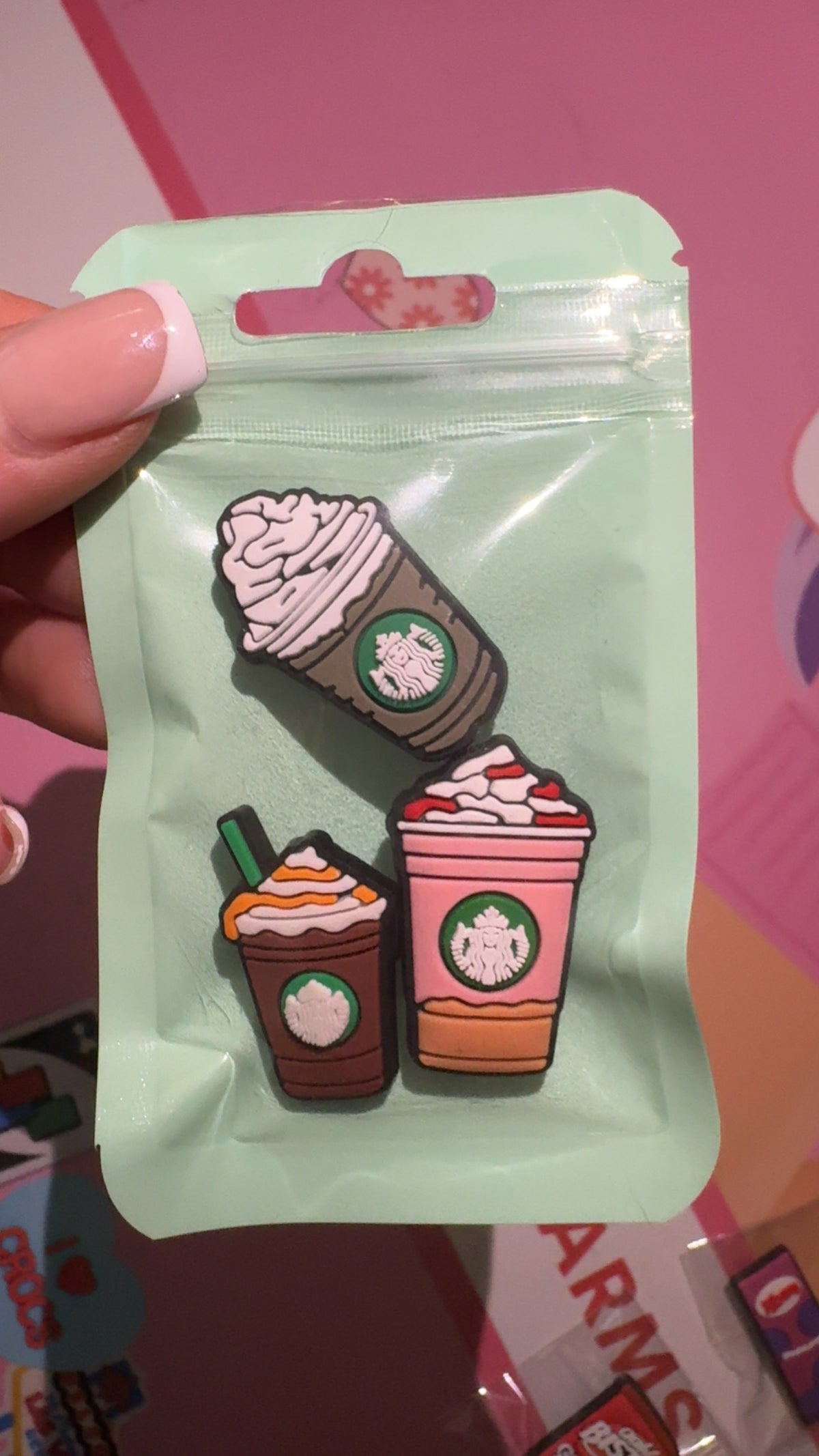 Coffee lover shoe charm bundle with three coffee cup designs
