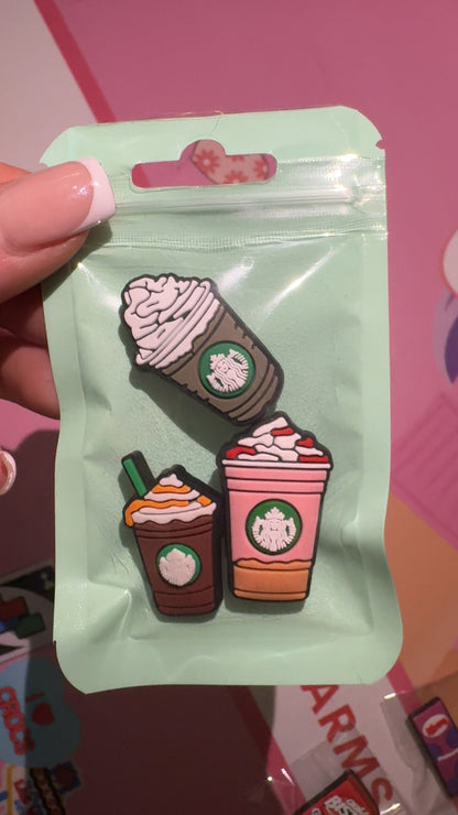 Coffee lover shoe charm bundle with three coffee cup designs
