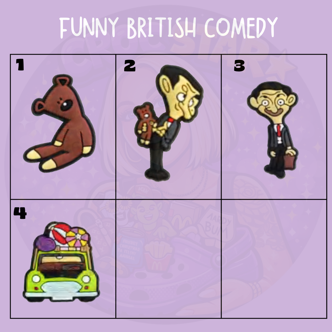 British comedy inspired Croc charms featuring a funny gentleman character, teddy bear and iconic novelty designs