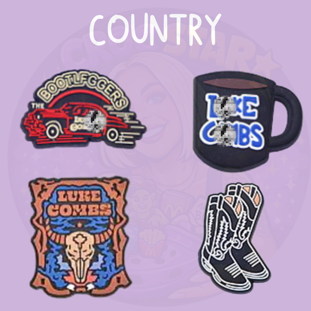Country themed croc charms featuring cowboy boots, mug design and western style graphics on a purple background