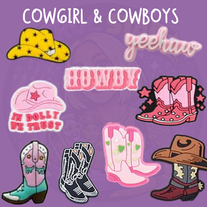 Cowgirl and cowboy Croc charms featuring colourful western cowboy hats, cowgirl boots, cowboy boots and yeehaw designs