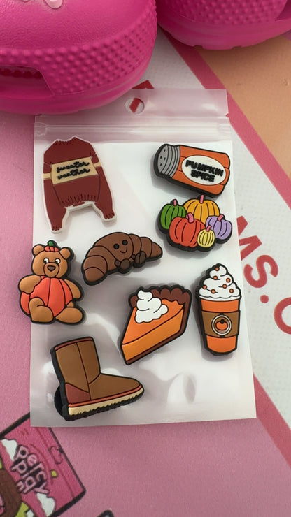 October Monthly Charm Pack | 8 Autumn Croc Charms | Pumpkin Spice, Cozy Coffee, Pumpkin Pie & Fall Accessories