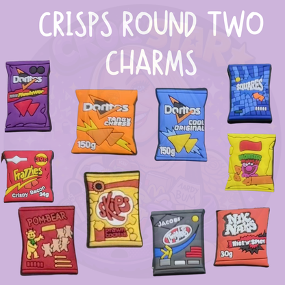 Crisps Round Two croc charms featuring British snack designs