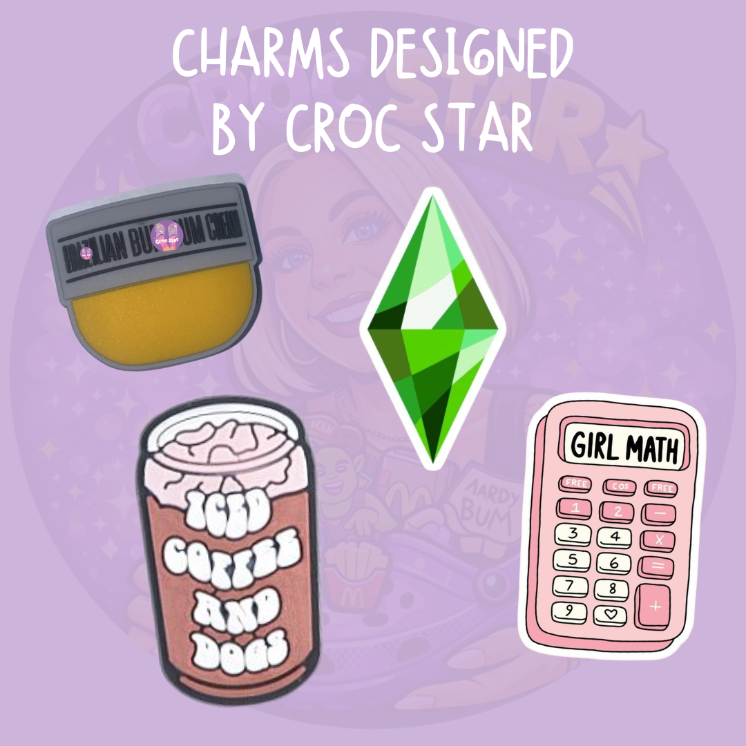 Croc Star designed Croc charms featuring a Sims-inspired green Plumbob, Girl Math calculator and drink designs