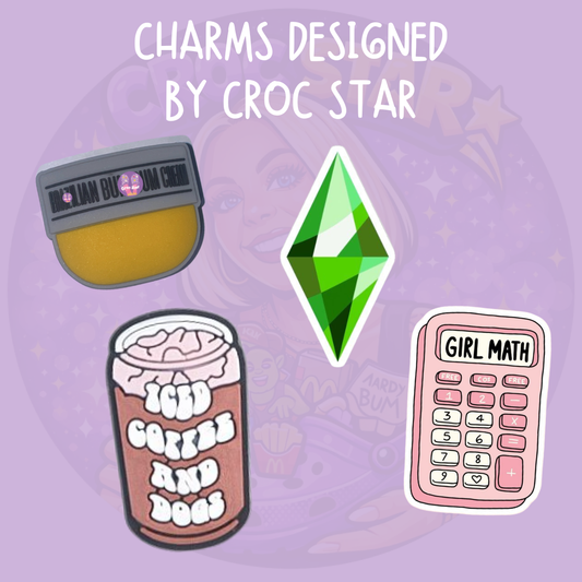 Croc Star designed Croc charms featuring a Sims-inspired green Plumbob, Girl Math calculator and drink designs