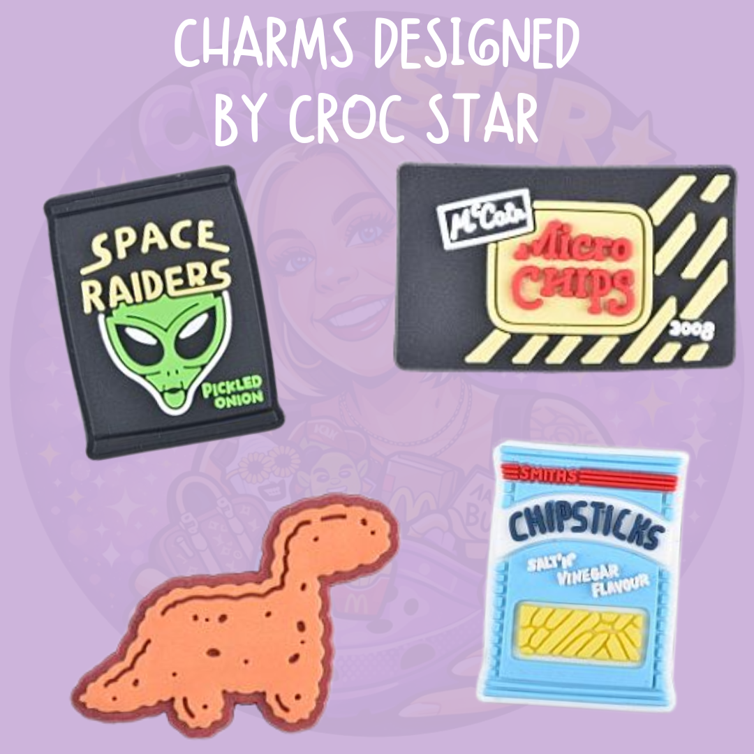 Croc Star designed Croc charms featuring British snack-inspired designs and a novelty turkey dinosaur