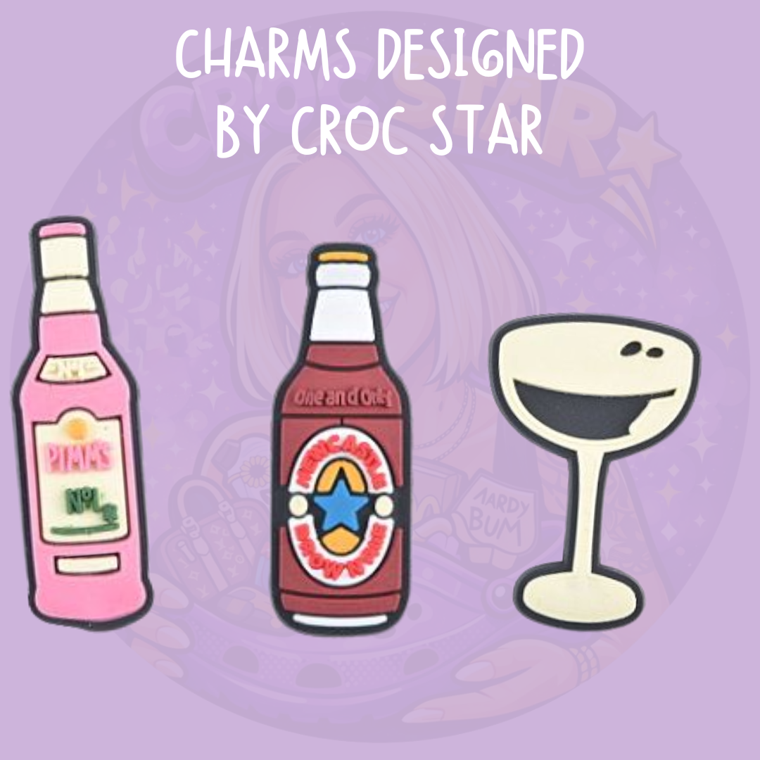 Croc Star designed drink Croc charms featuring cocktail bottles, a Pimm’s-inspired bottle and cocktail glass
