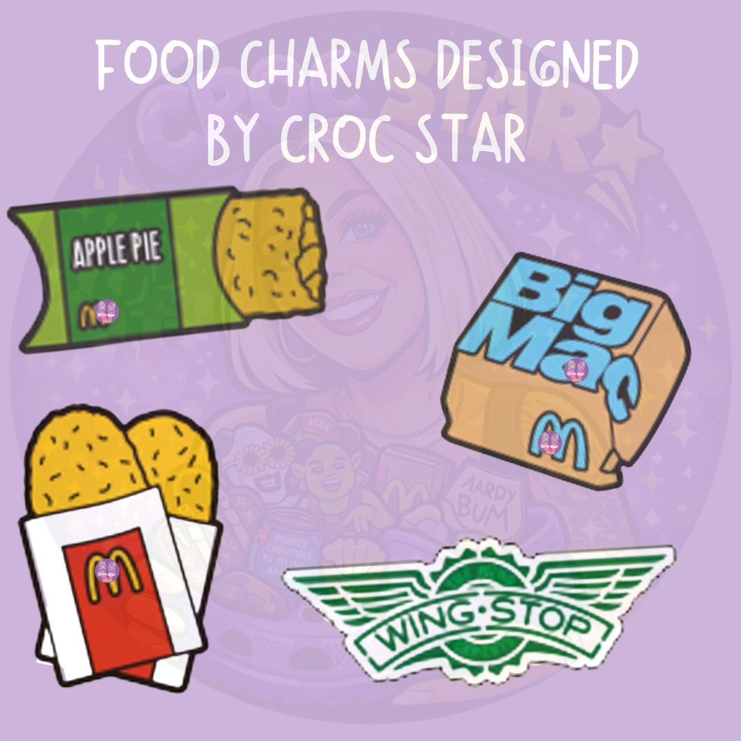 Croc Star designed fast food Croc charms featuring Big Mac, Apple Pie, chicken nuggets and Wingstop-inspired designs