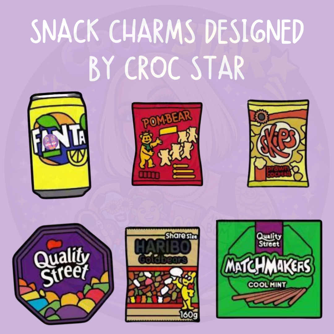 Croc Star designed snack Croc charms featuring Fanta, Pom-Bear, Skips, Quality Street, Haribo and Matchmakers