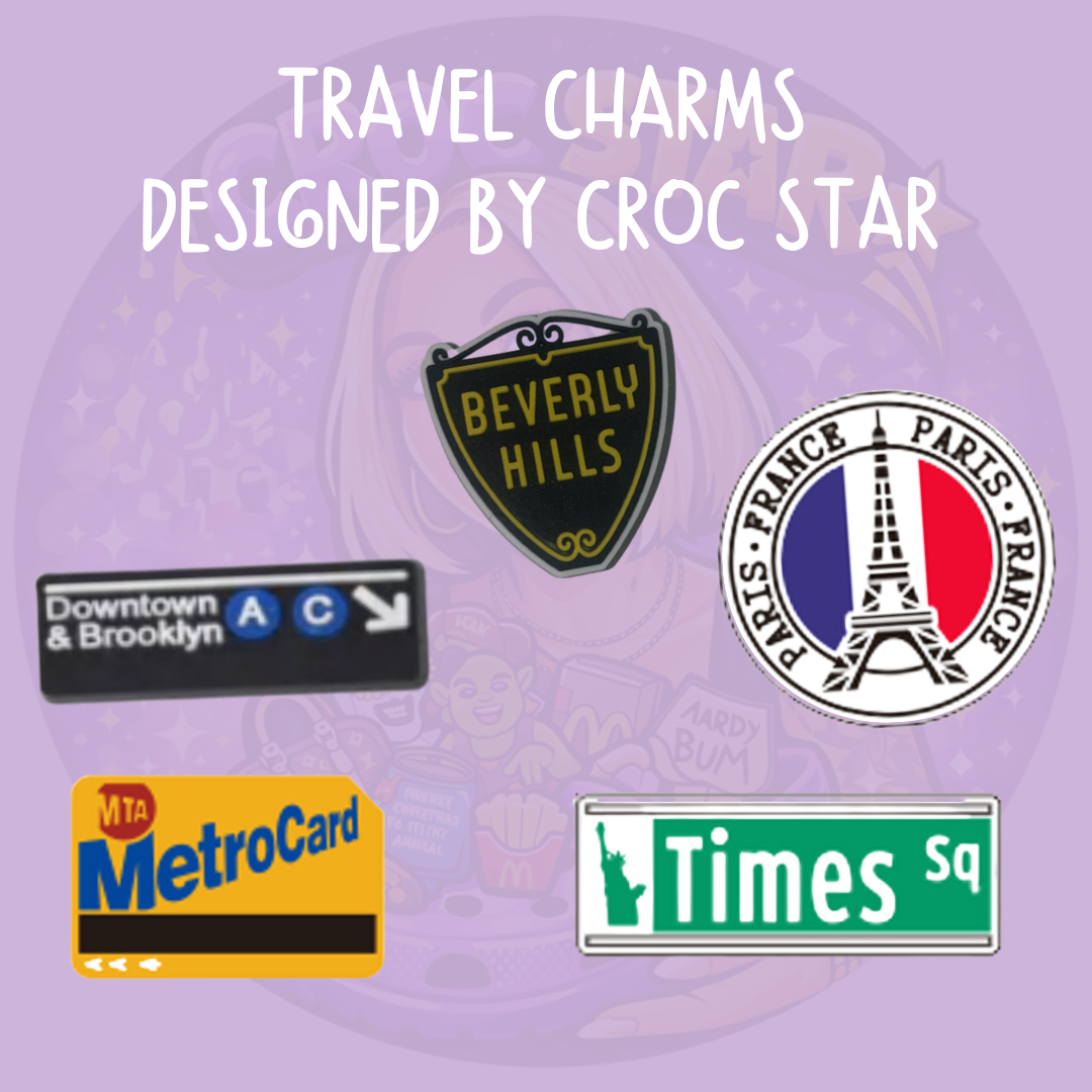 Travel shoe charms featuring New York subway, Times Square, Beverly Hills and Paris Eiffel Tower designs