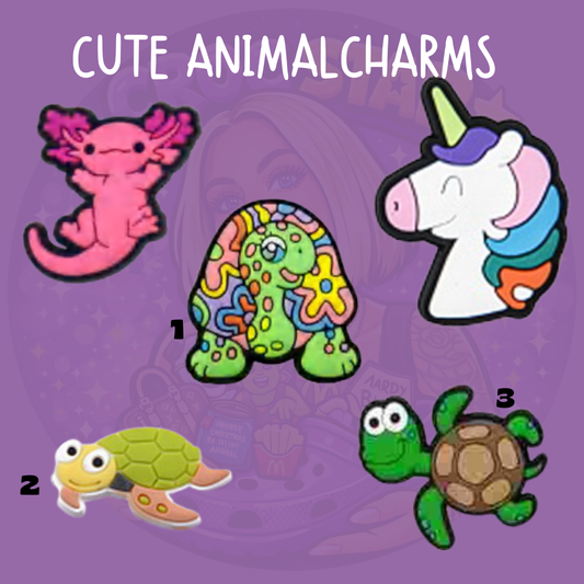 Cute animal Croc charms featuring axolotl unicorn dinosaur and turtle designs