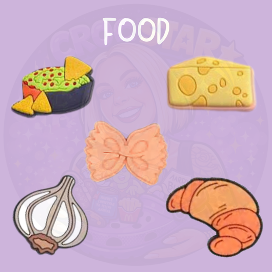 Cute food-themed shoe charms featuring sushi, cheese, garlic, a croissant and a pink bow