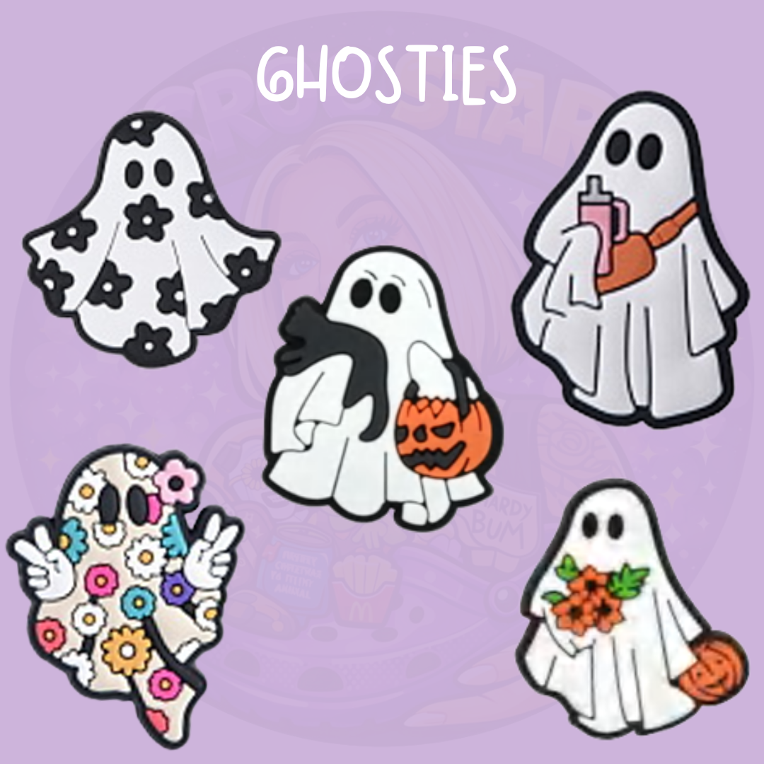 Cute ghost Croc charms featuring floral ghost, ghost with makeup, flower-covered ghost and Halloween pumpkin designs