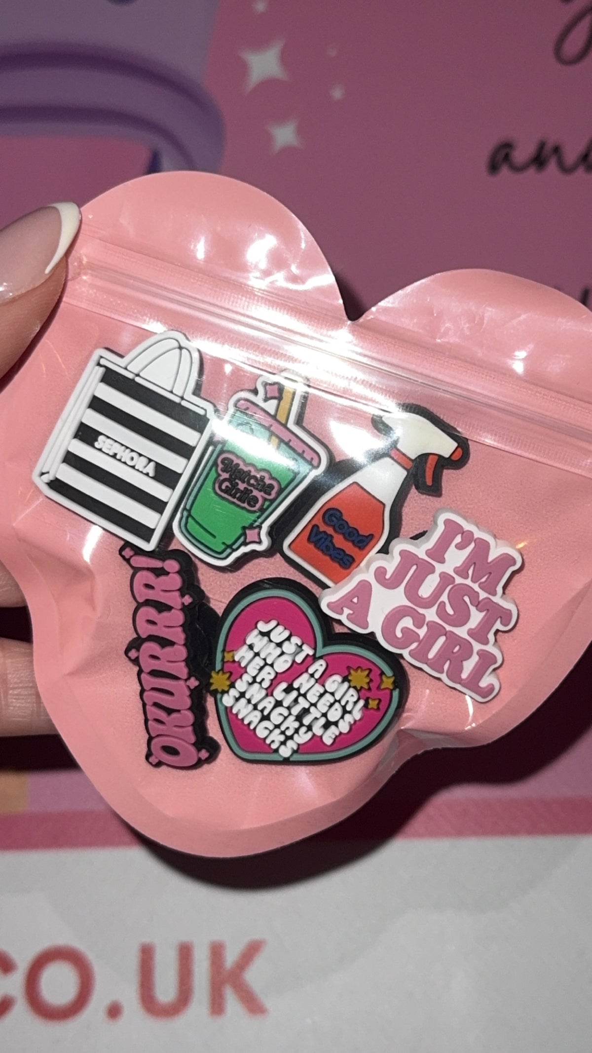 Cute girly shoe charm bundle with six fun designs
