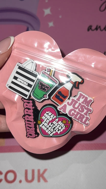Cute girly shoe charm bundle with six fun designs
