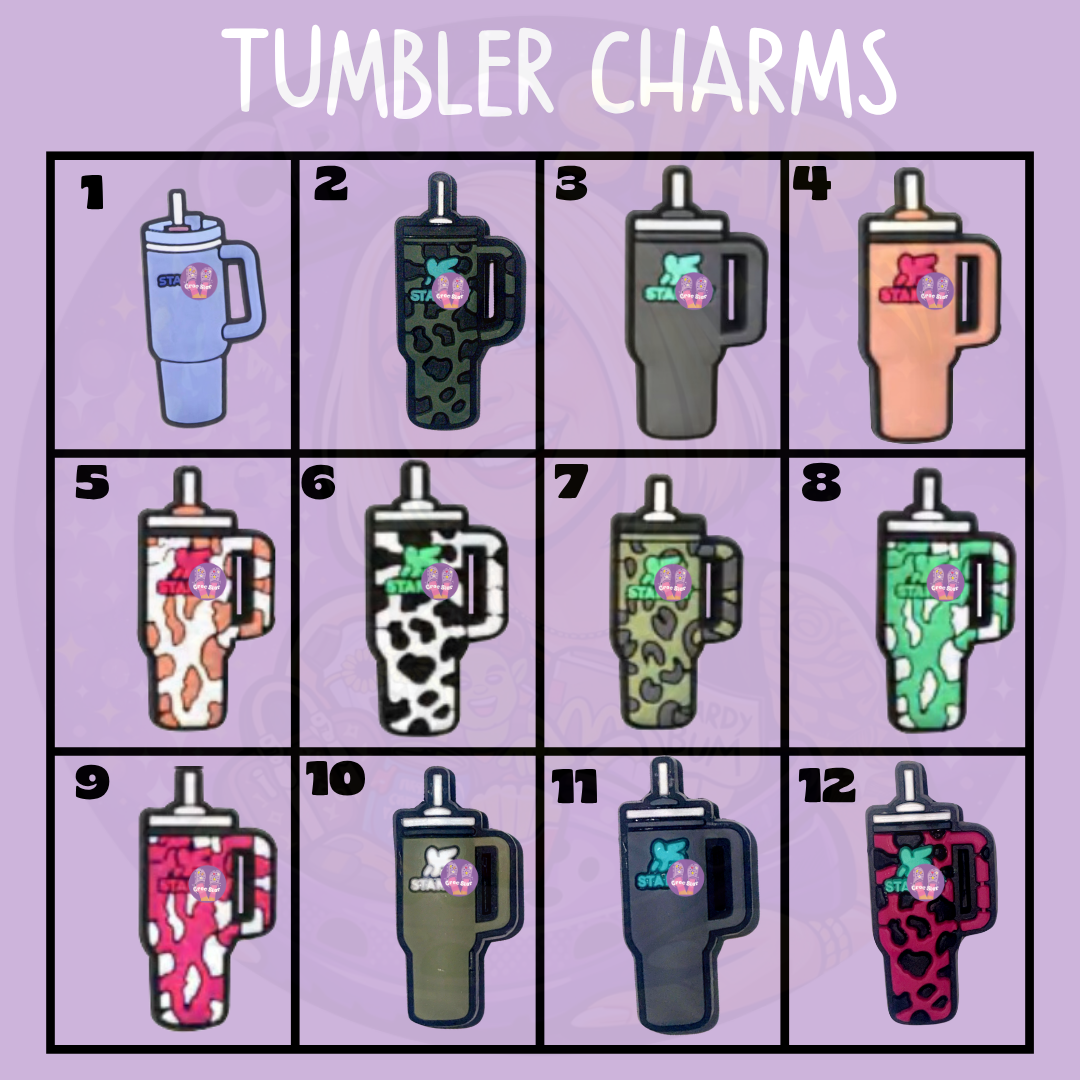 Tumbler shoe charms featuring reusable cups with straws