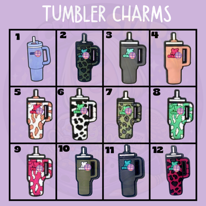 Tumbler shoe charms featuring reusable cups with straws