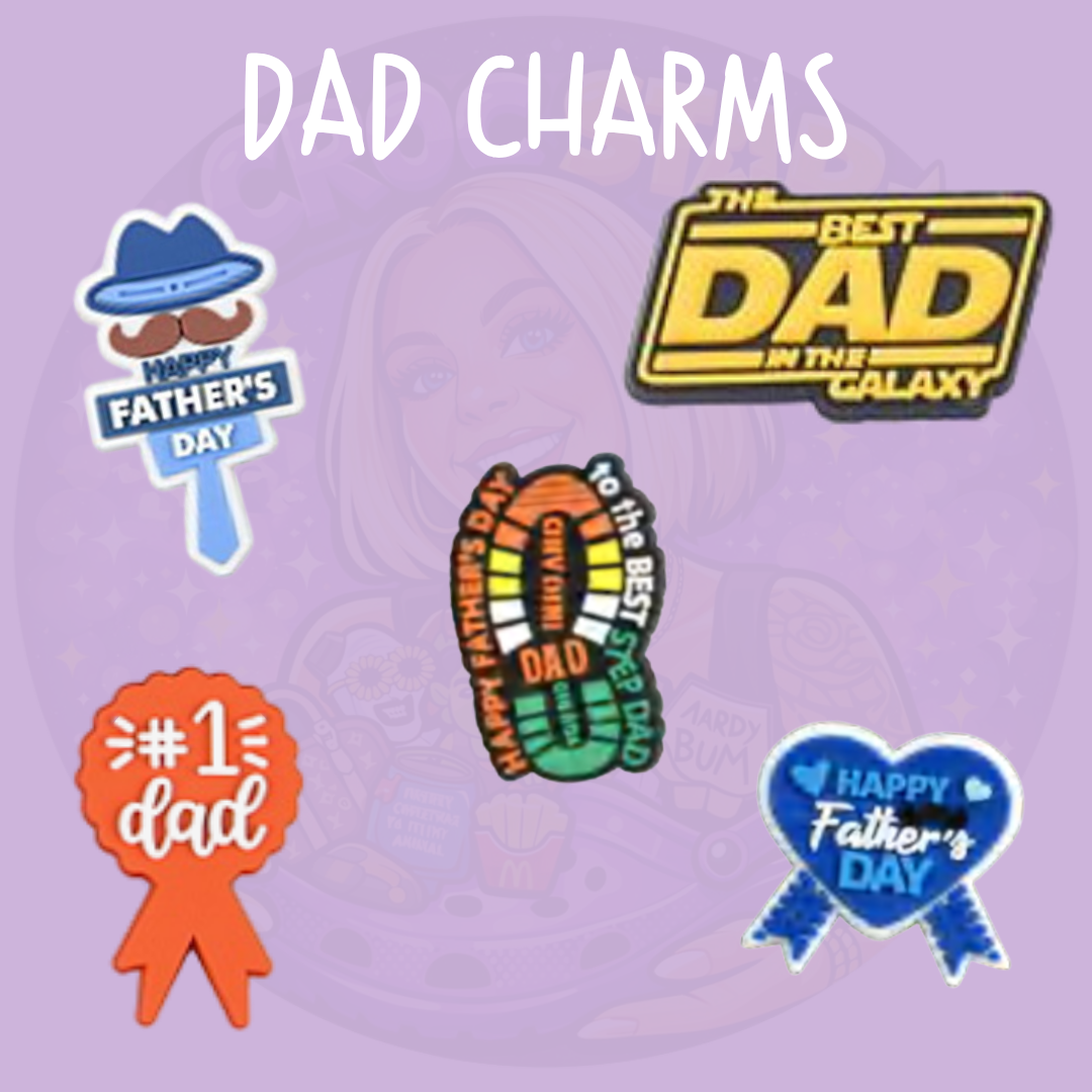 Dad Croc charms featuring Best Dad, #1 Dad and Father's Day designs