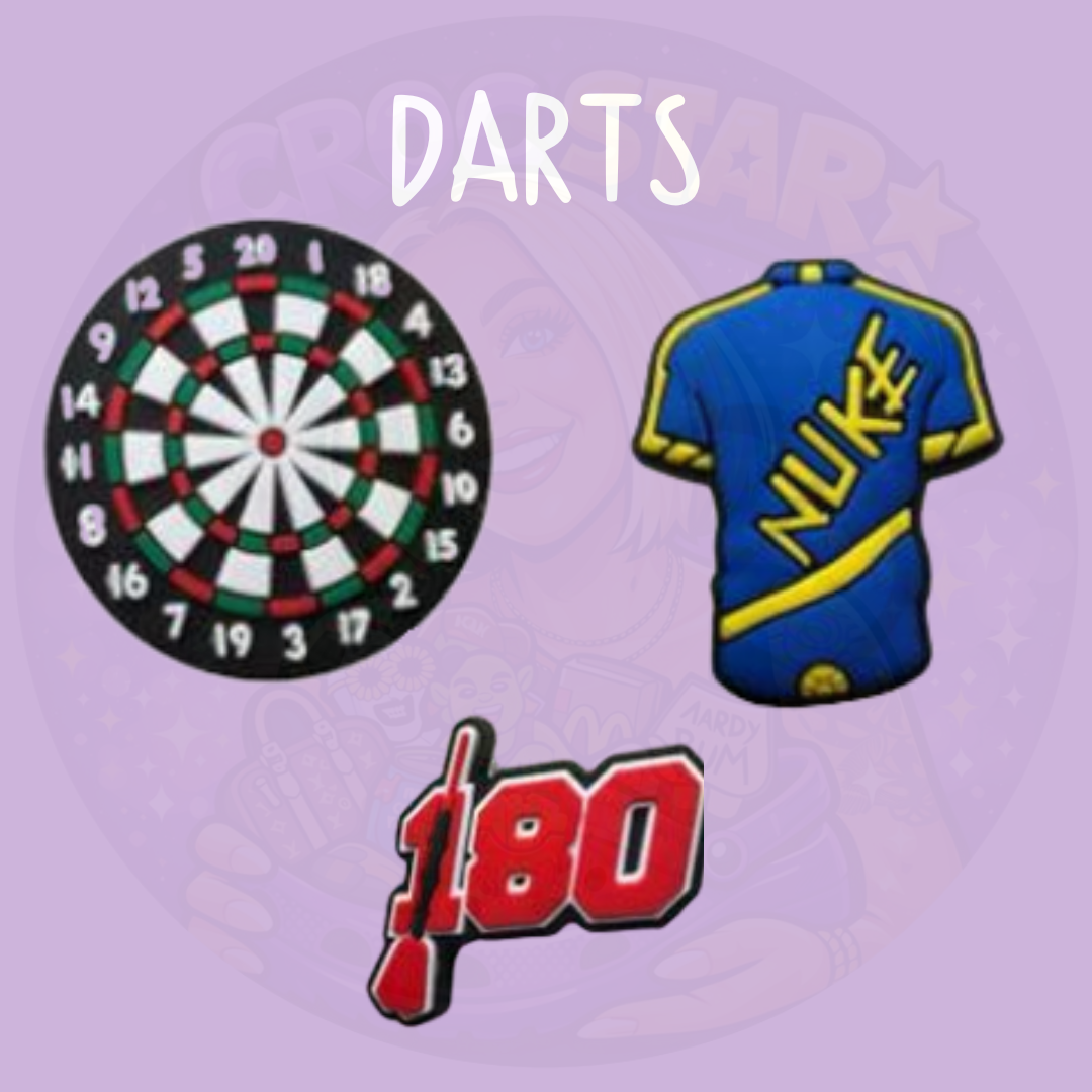 Darts croc charms featuring dartboard and 180 sports designs