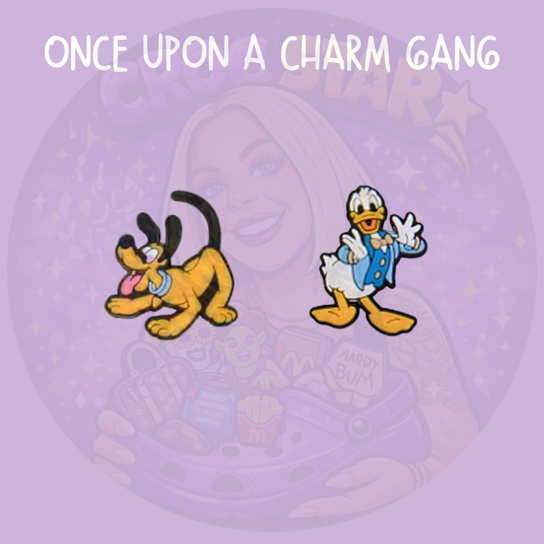 Classic cartoon shoe charms featuring a playful dog character and sailor-style duck character