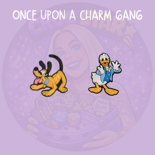 Classic cartoon shoe charms featuring a playful dog character and sailor-style duck character