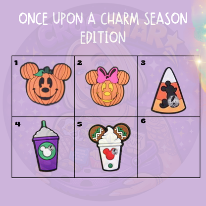 Seasonal Croc charms featuring pumpkin characters, candy corn, festive cookies and colourful holiday drink designs