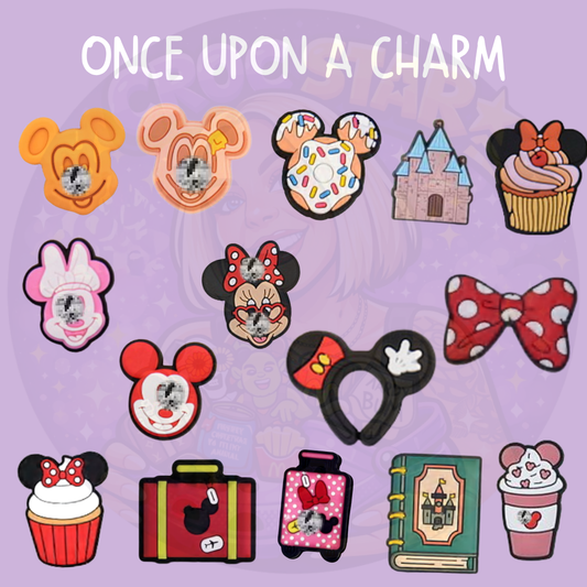 Magical fairytale Croc charms featuring iconic cartoon characters, enchanted castle, bows, cupcakes, storybook and whimsical accessories