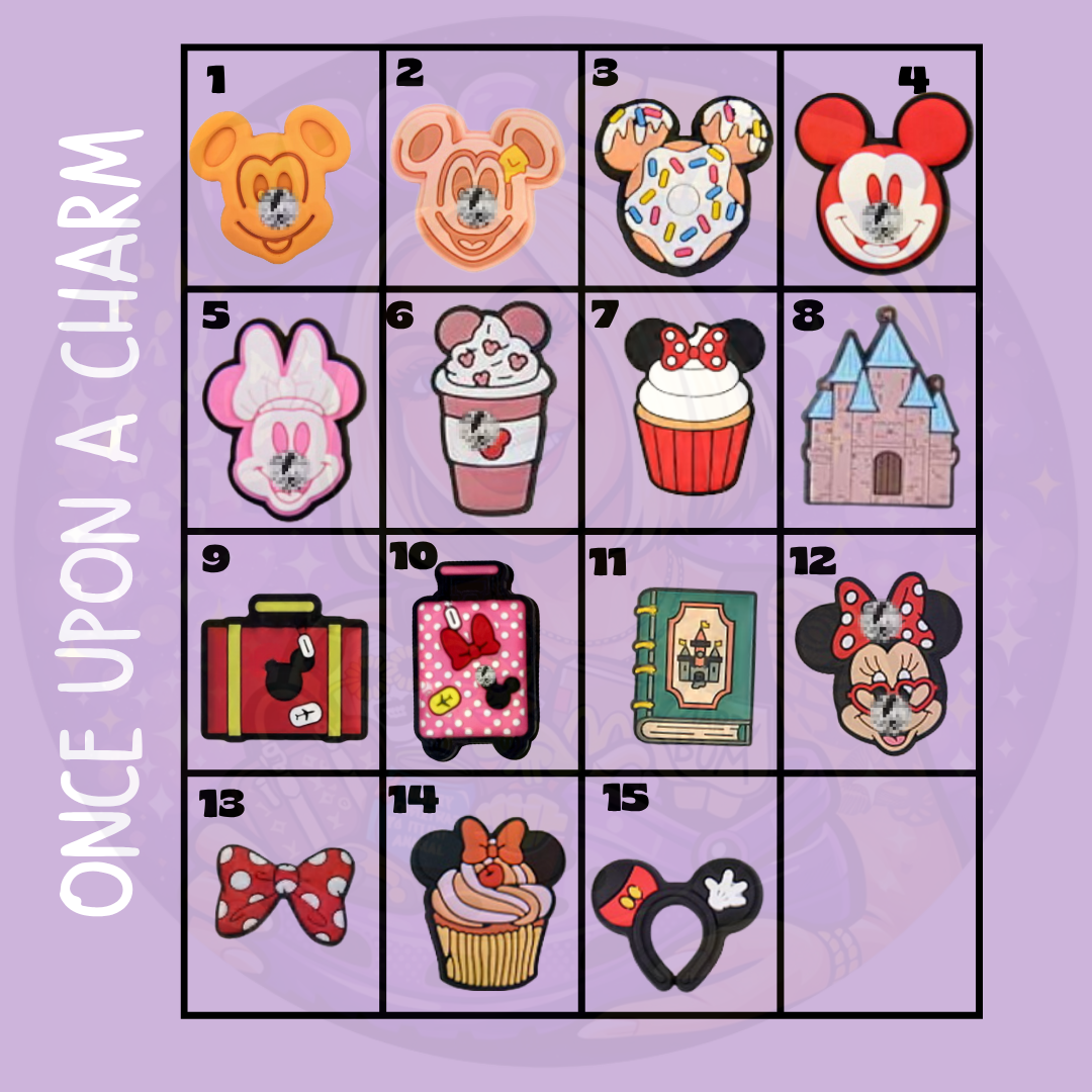 Disney inspired magical shoe charms featuring fairytale characters, castle, princess accessories, sweet treats and iconic bows