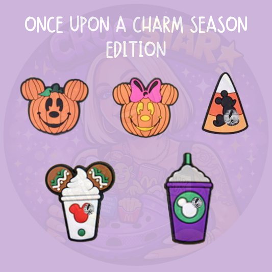 Halloween, fall and Christmas inspired shoe charms featuring pumpkin characters, candy corn and festive seasonal drinks
