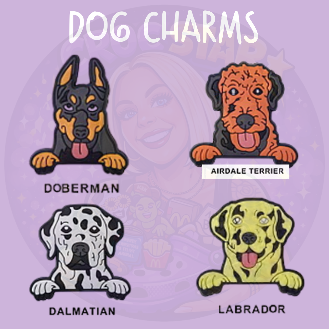 Cute dog breed Croc Charms featuring Doberman Airedale Terrier Dalmatian and Labrador designs
Dog breed shoe charms for clogs and pet lovers