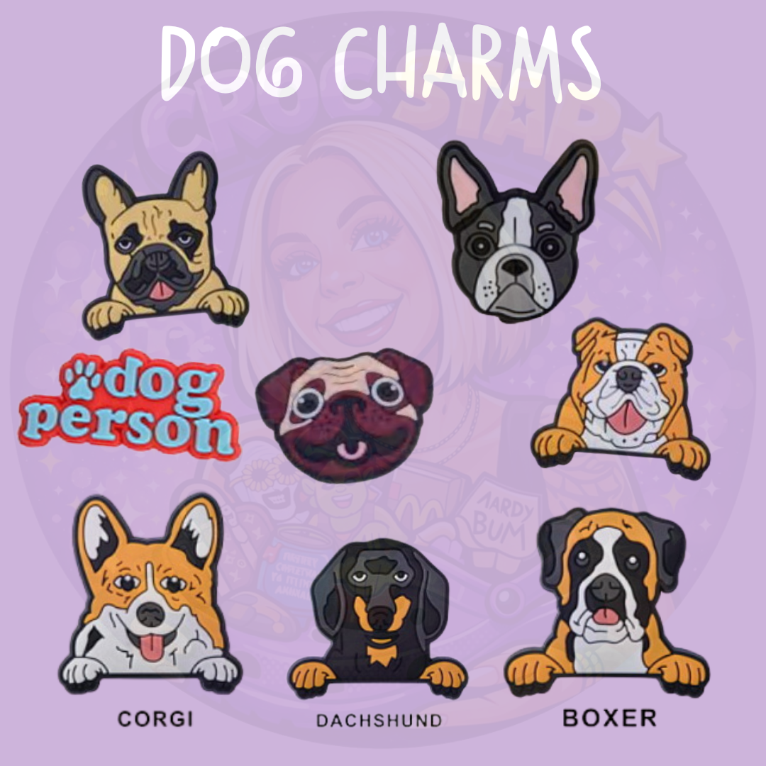 Cute dog breed Croc Charms featuring French Bulldog Corgi Dachshund and Boxer designs
Dog breed shoe charms for clogs and pet lovers