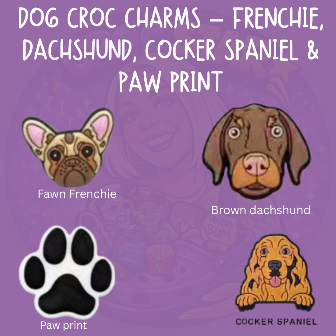 Dog croc charms featuring French Bulldog Dachshund Cocker Spaniel and paw print