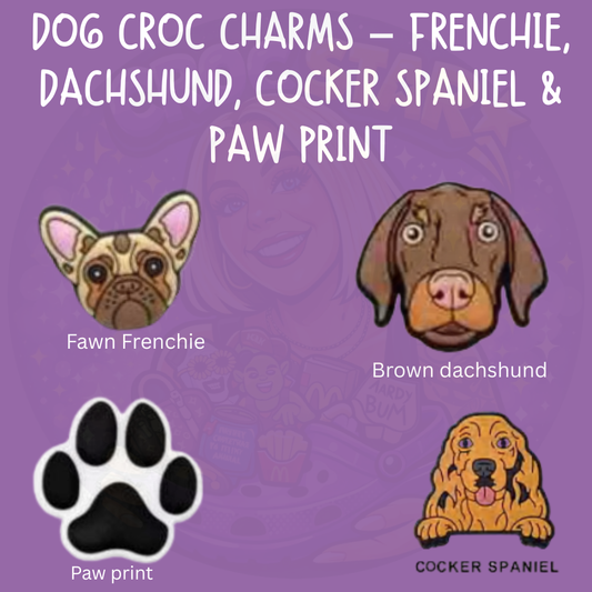 Dog croc charms featuring French Bulldog Dachshund Cocker Spaniel and paw print