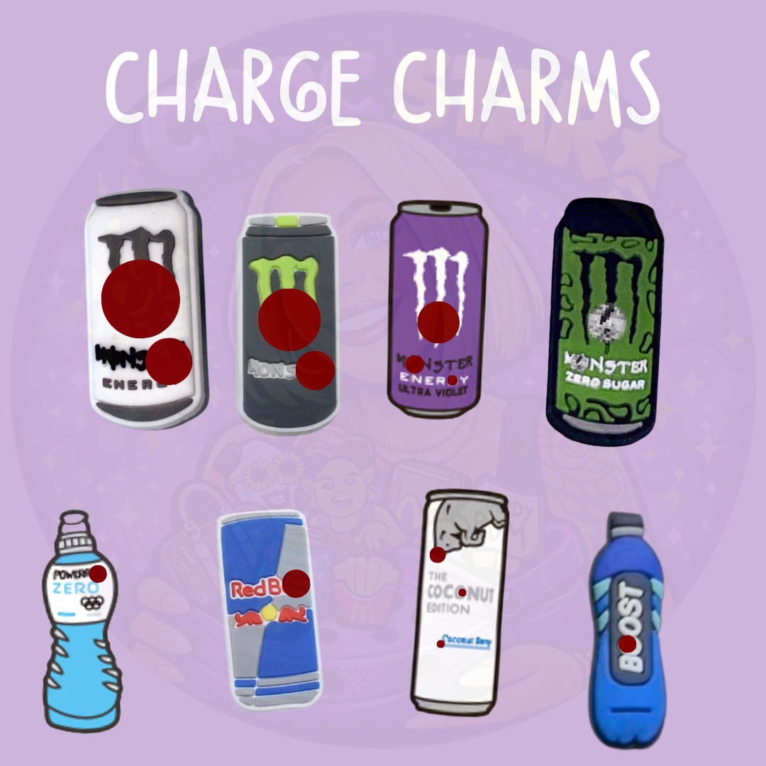 Energy drink Croc charms featuring colourful energy drink cans and bottles for caffeine lovers