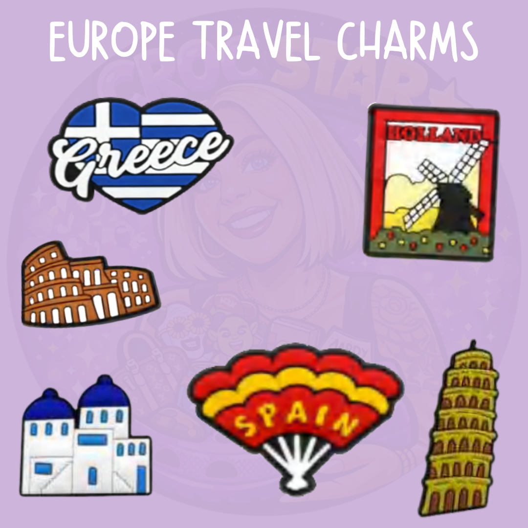 Europe travel Croc charms featuring Greece, the Netherlands, Italy and Spain destination designs
