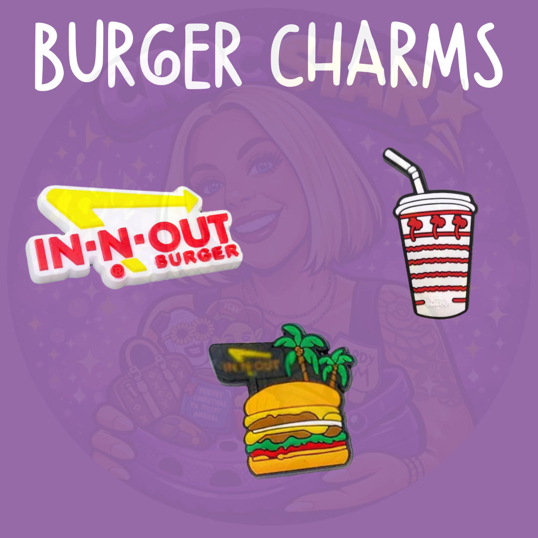 Fast food themed Croc charms featuring a stacked burger, diner-style soft drink and colourful drive-thru inspired design