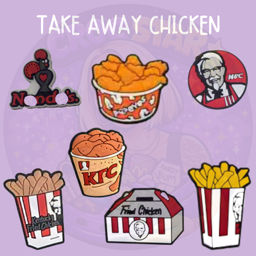 Fast food chicken Croc charms featuring Nando's, Popeyes and KFC-style fried chicken, chips and takeaway bucket designs