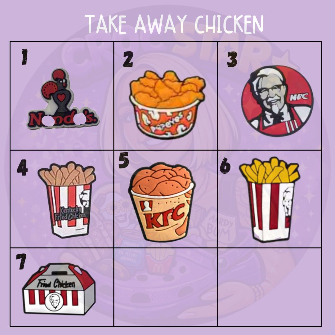 Takeaway chicken shoe charms featuring fried chicken buckets, chips and colourful fast-food designs