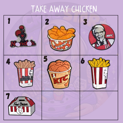 Takeaway chicken shoe charms featuring fried chicken buckets, chips and colourful fast-food designs