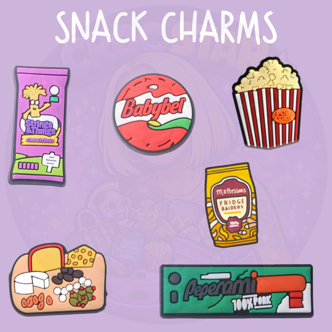 Cute snack Croc charms featuring popcorn, gum, cheese snack, sweet treat bag, cheese wheel and snack board designs