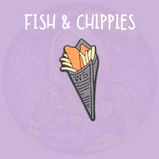 Fish and chips shoe charm featuring golden chips and battered fish in a newspaper-style cone