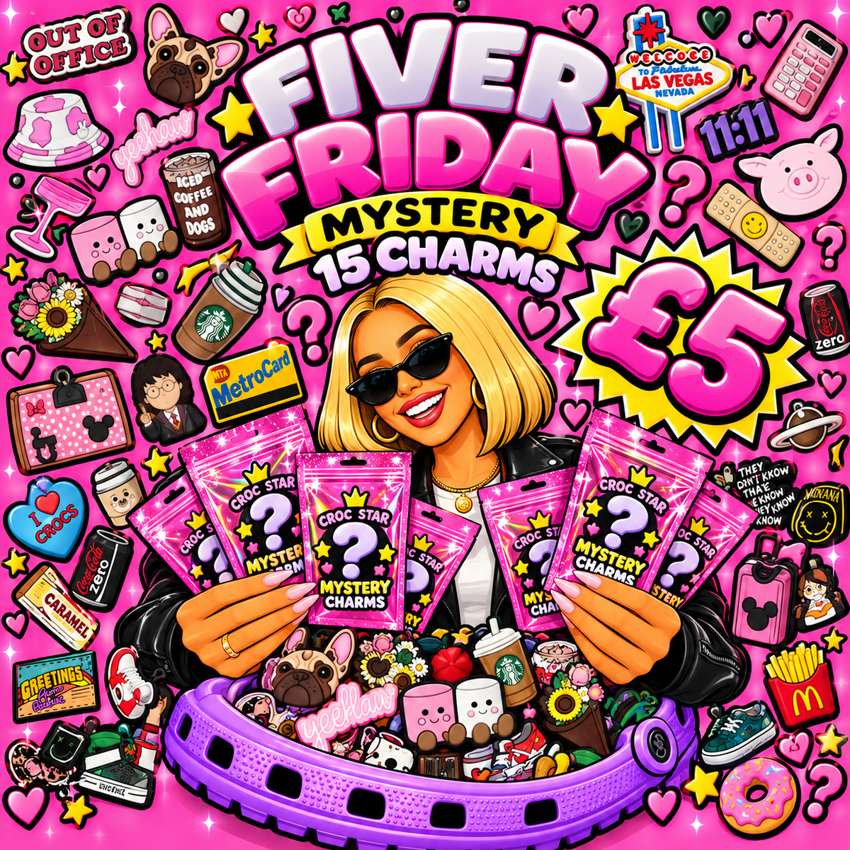 Fiver Friday Croc Charm pack featuring 15 assorted shoe charms for £5 from Croc Star