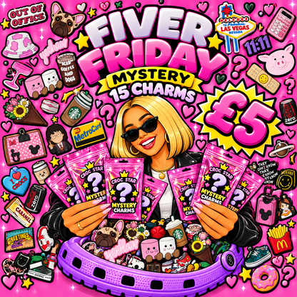 Fiver Friday Croc Charm pack featuring 15 assorted shoe charms for £5 from Croc Star