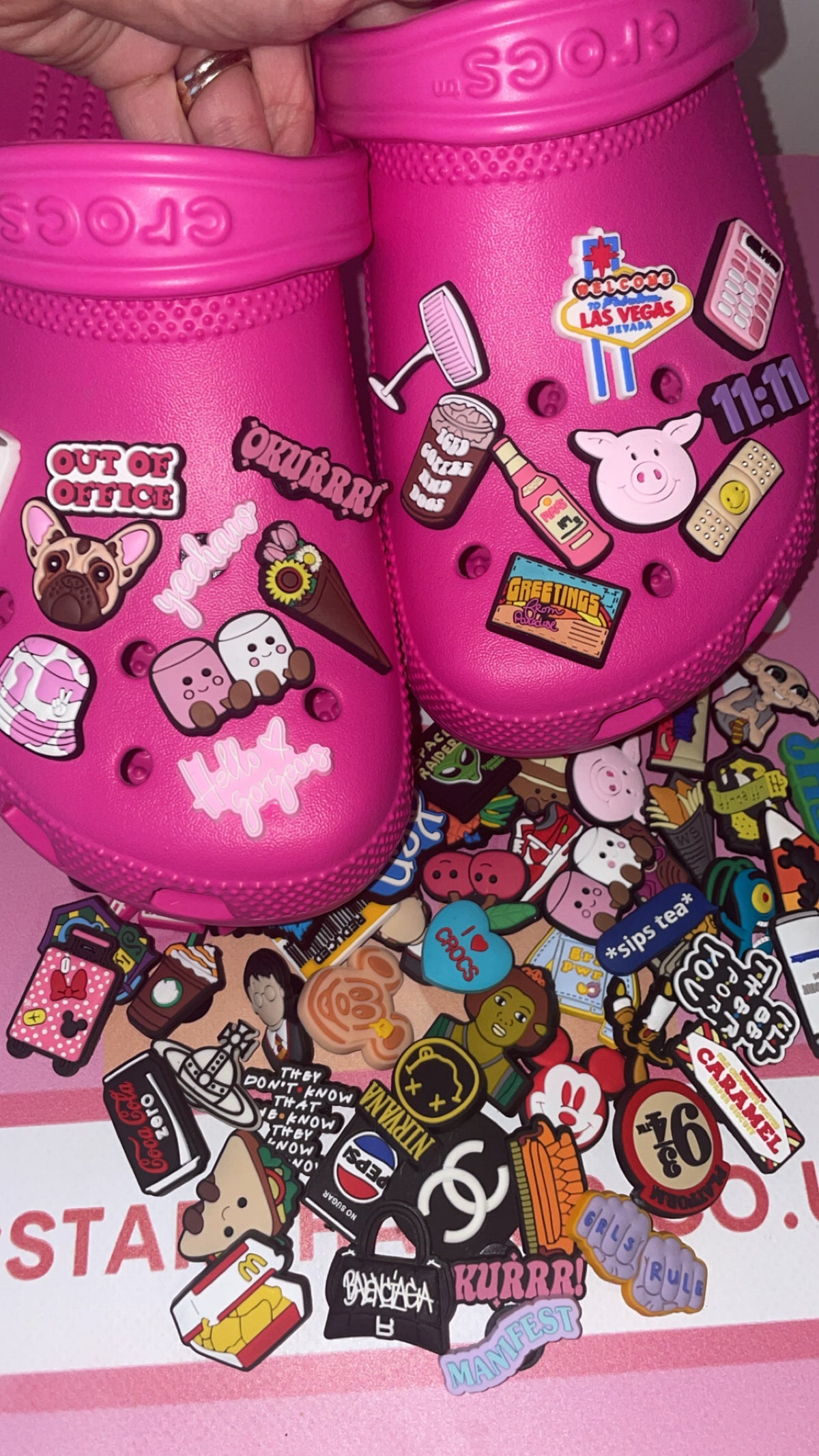 15 random decorative Croc shoe charms in a Fiver Friday mystery bundle