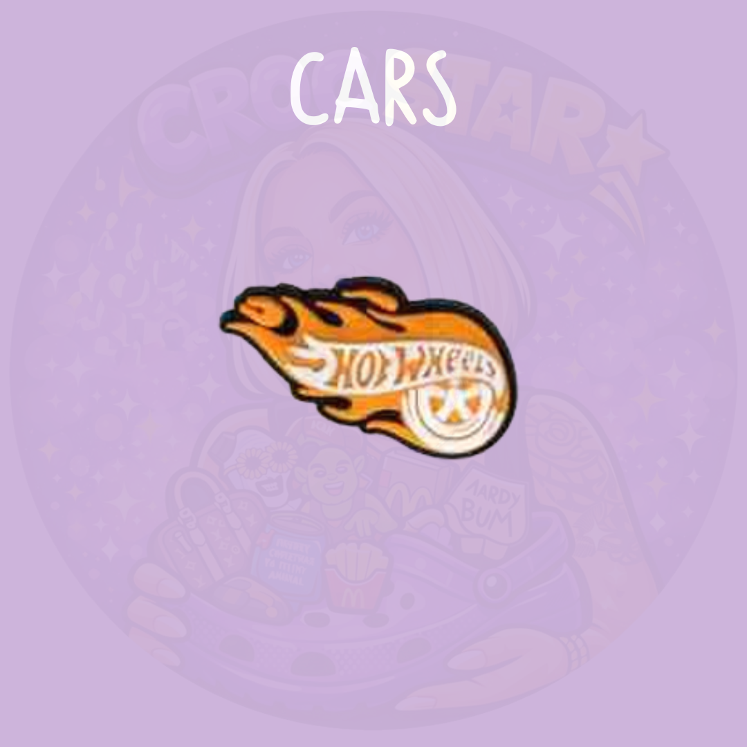 Flame racing car inspired croc charm with orange fire design on a purple background