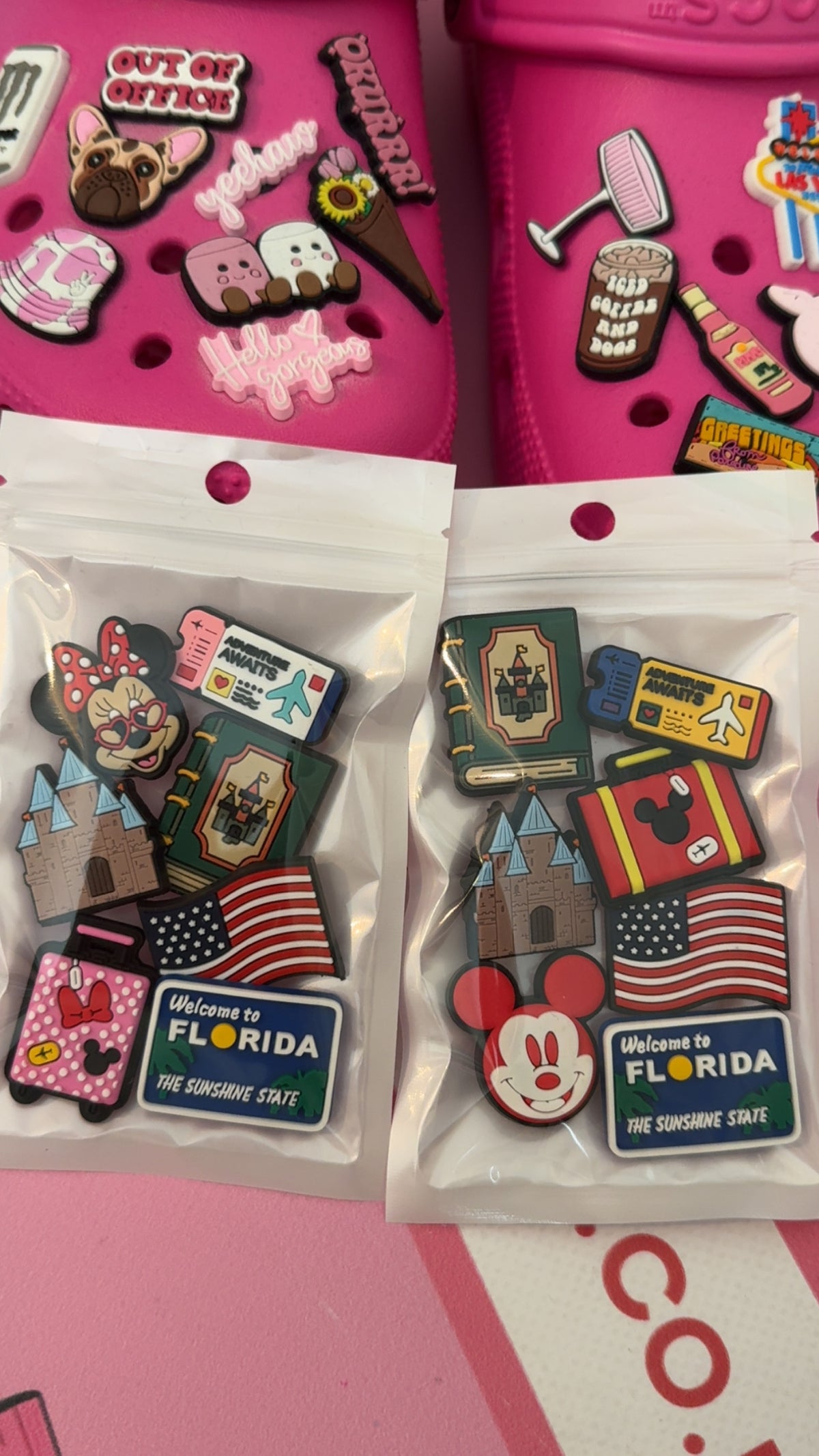 Florida travel shoe charm set with a red suitcase, castle, flag and travel ticket