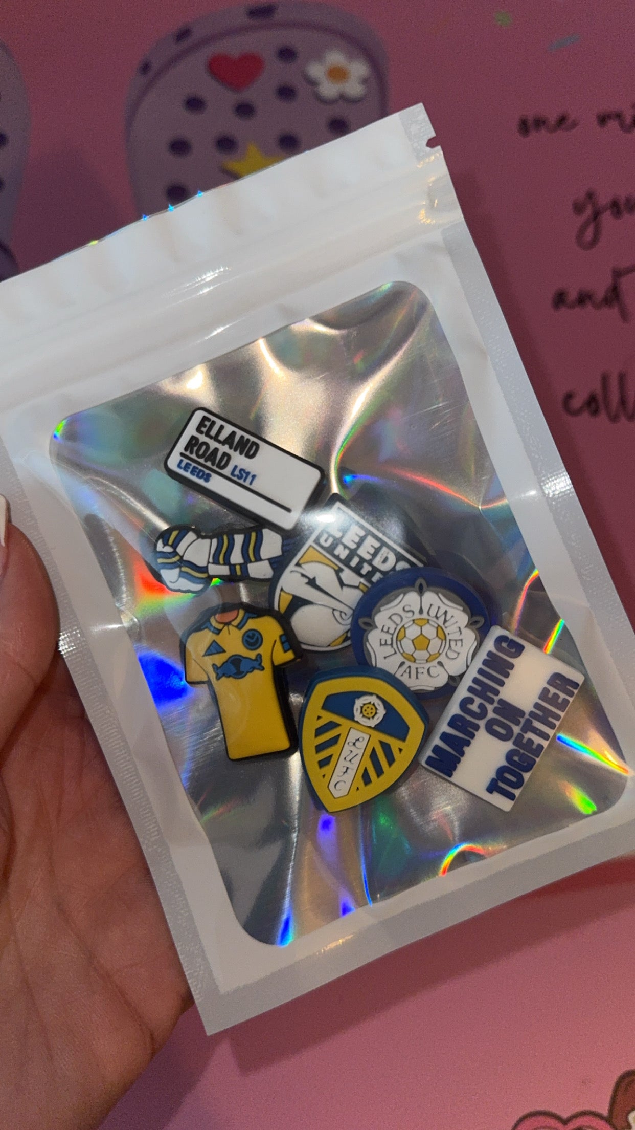 football croc charm bundle with white and yellow themed designs