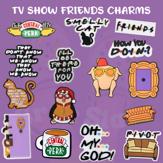 Friends TV show Croc shoe charms featuring Central Perk, orange couch, purple door frame, PIVOT, How You Doin, Oh My God and Friends quotes